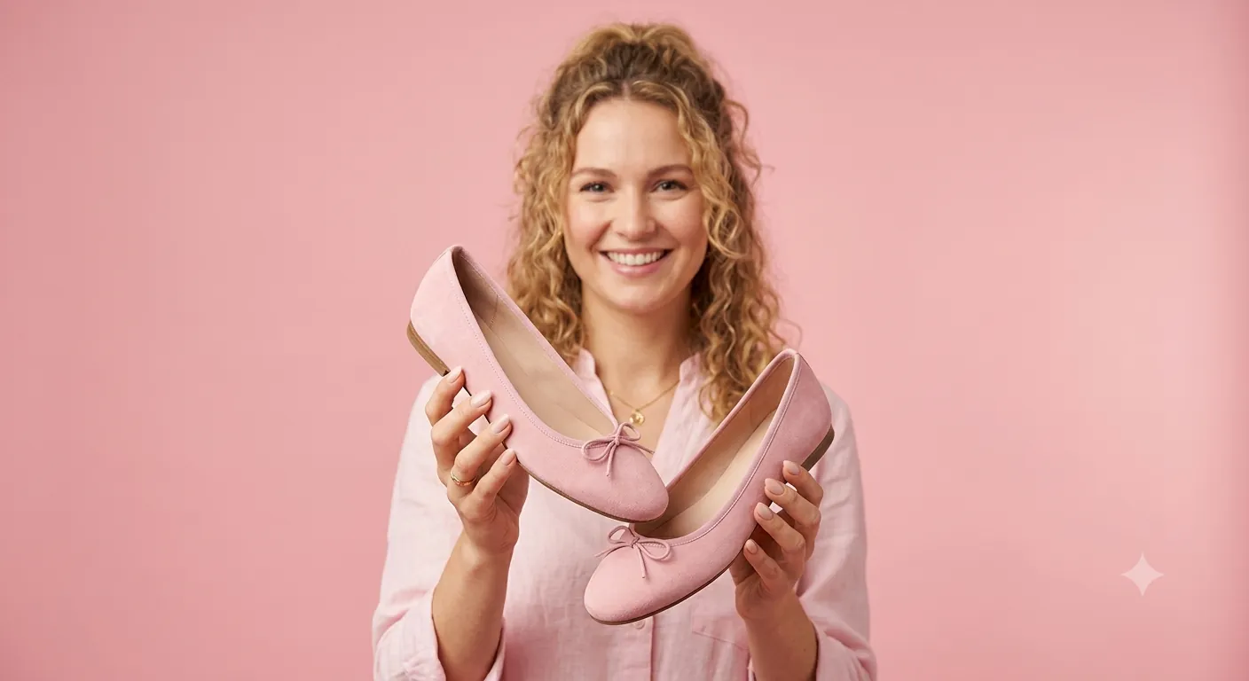 Frau präsentiert rosa Wildleder-Ballerinas mit Schleife