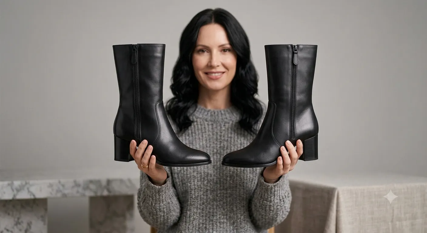 Frau präsentiert schwarze Lederstiefel mit Blockabsatz